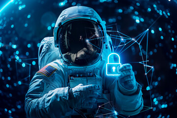 Wall Mural - an astronaut take cyber security and data encryption and internet crime concept hacker. generative a