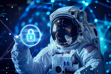 Wall Mural - An astronaut take Cyber security and data encryption and internet crime concept hacker. Generative AI.