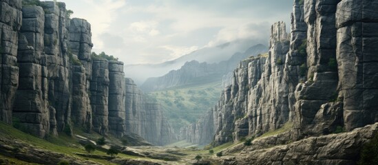 Poster - A valley nestled between rocky cliffs, with mountains in the background, under a clear blue sky with fluffy white clouds, creating a stunning natural landscape perfect for travel