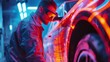 Engineer inspecting a futuristic car design in a high-tech manufacturing setting.