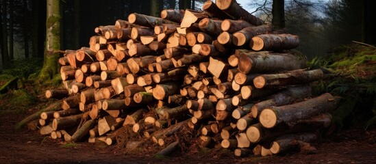 Wall Mural - A stack of wood logs is nestled amidst the lush forest, creating a natural pattern of tree trunks. The wood is waiting to be used for a roofing project or an art installation event