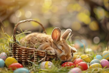 Wall Mural - sleeping bunny in a basket