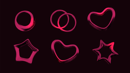Wall Mural - realistic 3d red chrome shapes. stickers heart, stars, circle. aesthetic vector illustration