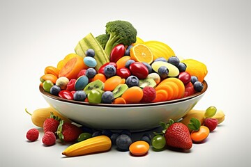 Wall Mural - Healthy fruit and vegetables in a bowl on a white background.