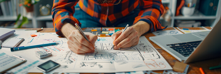 Poster - Image of engineer drawing a blue print design building or house, An engineer workplace with blueprints, pencil, protractor and safety helmet, Industry concept