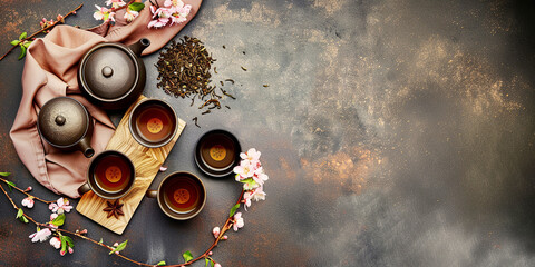 Canvas Print -  Hot chinese tea in teapot with spring flowers. Concept of  traditions. Banner, copy space