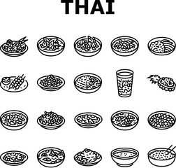 Poster - thai cuisine food asia icons set vector. curry table, various thailand, menu rice, plate delicious, som, meal, dish, cooking thai cuisine food asia black contour illustrations