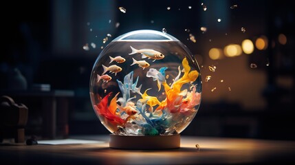 Cinematic lighting enhances a contemporary art collage inside a fishbowl, capturing the enchanting details and providing ample negative space.