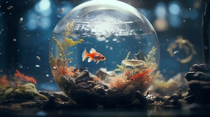 Clean background and cinematic lighting create a captivating scene in a fishbowl collage, featuring a mix of realistic and fantastical elements.