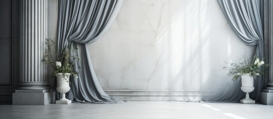 Wall Mural - Luxurious Interior Decor Background with White Marble Tile Floor and Gray Blackout Curtain