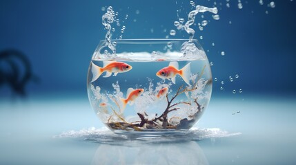 Comprehensive scene showcasing the minimalist purity and clean background of a hyper-realistic miniature collage within a water-filled fishbowl, with cinematic lighting casting a captivating glow.