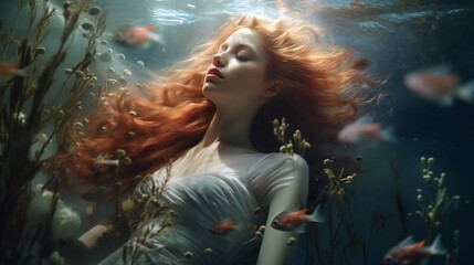 Hyper-realistic underwater gallery piece, mixing realistic and fantastical elements, with tilt blur and dreamy lighting against a clean backdrop.