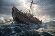 Pirate ship in stormy sea, illustration.