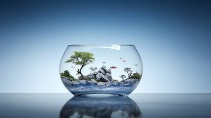 Sticker - Minimalist purity in a hyper-realistic miniature collage, featuring cinematic lighting and negative space within a water-filled fishbowl.
