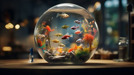 Sticker - Overview of a wide scene displaying a contemporary art collage in a fishbowl, blending realistic and fantastical elements, with negative space and dreamy lighting enhancing its beauty.