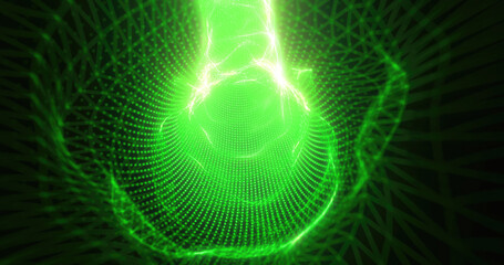 Wall Mural - Green energy tunnel frame made of futuristic particles and lines of energy force field. Abstract background