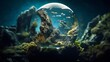 Panoramic view capturing the enchanting details of a hyper-realistic underwater gallery piece, mixing realism and fantasy inside a fishbowl with tilt blur and cinematic lighting.