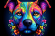 A colorful pitbull face with floral patterns in the style of bold colors and shapes