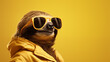 Sloth wearing sunglasses on a yellow background. Beautiful Background, Generative AI.