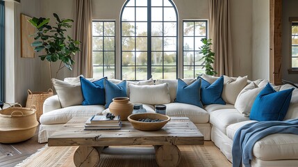 Poster - Living room with wooden coffee table Near a white fabric sofa with blue pillows. Modern interior design, modern living room