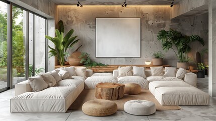 Wall Mural - Modern white upholstered sofa with concrete wall with canvas in a white square frame. Minimalist style. Urban interior design of a modern living room.