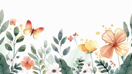 Wall Mural - Decorative spring floral art background modern illustration. Watercolor hand painted botanical flower, leaf, insect, butterfly. For wallpaper, posters, banners, cards, print, web or packaging.