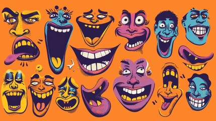Sticker - The set of 70s groovy comic faces modern. The set includes a collection of cartoon characters faces, legs, and hands in a variety of emotions, including happy, angry, sad, and cheerful. High quality