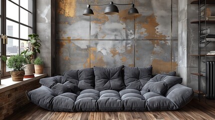 Poster - Gray sofa and concrete wall Industrial Loft Style Home Interior Design of Modern Living Room