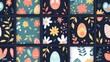 Set of seamless Easter pattern moderns with easter eggs, flowers, rabbits, foliage. Spring season repeated in fabric pattern for prints, wallpaper, covers, packaging, kids, ads...