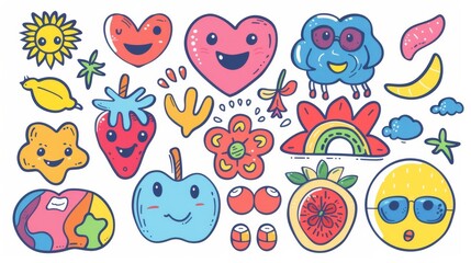 Poster - Retro groovy hippie cartoon character modern set. Includes cartoon character designs, doodle smile faces, apple, strawberry, and egg.