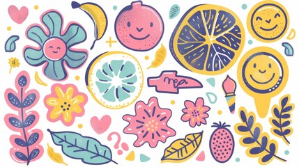 Wall Mural - This modern set includes funky groovy characters, doodle smile faces, leaves, lemons, flowers, speech bubbles. Cute retro hippie design that would go great with decorative, sticker, kids, and clipart