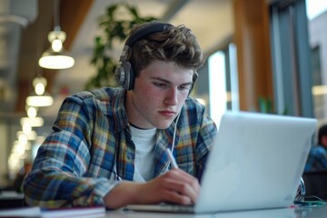 A young man in casual work attire and headphones focuses intently on his work at a laptop, taking notes in an office setting, Generative AI