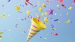 An individual yellow plastic party popper with flying paper confetti, stars, and decorative elements for a birthday or winner's congratulation concept. Realistic, 3D modern illustration.