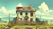 Broken Old Abandoned House With A Damaged Fence On A Green Background. Cartoon Modern Illustration Of A Dilapidated House With Cracked Windows Boarded Up With Wooden Planks, Destroyed Walls, And A