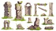 Set of ancient ruins - destroyed ancient monuments or structures. Cartoon modern collection of ruins of medieval antique buildings, stones, and columns.