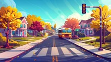 Cartoon Country Autumn Cityscape With School Bus, Crosswalk On Road, Traffic Light, Pedestrian Walkway, Private Houses, And Trees At Autumn.