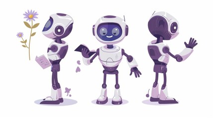 Wall Mural - A set of cute cartoon robot characters - smiling, waving, holding chamomile flower, reading, explaining and doing some tasks. Modern of a robotic assistant or childish robot toy.