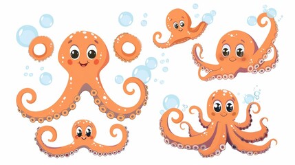 Wall Mural - An adorable baby kraken with tentacles swimming in the water with different expressions and emotions. Modern illustration collection of swimming cute cartoon characters based on the underwater