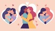 The concept of self care with woman hugging herself in the frame of a heart. Accepting yourself and loving yourself. A flat modern illustration set of young girls embrace themselves and it's about