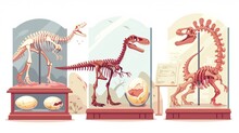 An Exhibit Of Dinosaur Skeletons, A Recreated Animal, And A Cracked Egg On A Stand. Cartoon Illustrations Of Paleontology Exhibitions Of Dinosaur Bones And Artefacts.
