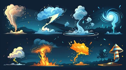 Canvas Print - The complete tornado cartoon collection will include various whirlwinds and hurricane twisters on a dark background. Modern illustration set of storm funnel wind with whirl cloud, dust and water. The