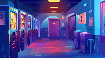 Wall Mural - This is a modern cartoon illustration of a dark hallway with classroom doors, a vending machine that sells snacks on the wall, an information board and a portrait on the wall, metal cabinets, and