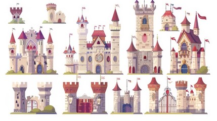 Wall Mural - Imaginative medieval castle for fantasy kingdom. Cartoon modern illustration set of royal turret, gates, and windows of magic fantasy king castle.