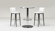 This is a realistic modern illustration of an empty booth display bar counter with stools made from white plastic tops and black legs. The furniture could represent a coffee shop or exhibition stand.