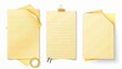 Yellow sticky writing stationery stationery set with paper clip, adhesive tape, and yellow sticky note paper. Realistic modern mockup set of empty notebook sheet with line, dots, and checkered
