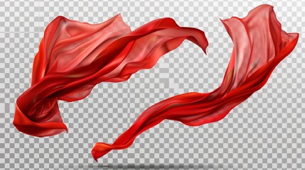 Wall Mural - The red cape and cloak fly through the air on a transparent background while the scarlet cloth sheet blows in the wind. 4 modern illustrations of fabric ribbons or curtain draperies in flow and wave.