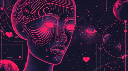 Wall Mural - Retro wave art banners and vintage collage flyer set. Modern realistic illustration with y2k vibe black background posters with pink wireframe torus, red heart, eye icons, retrowave art banners.