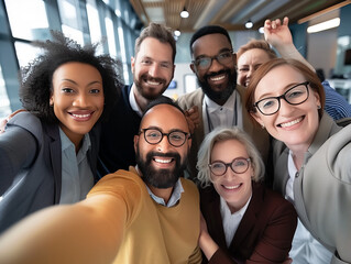 Wall Mural - Multicultural happy people taking group selfie portrait in the office, diverse people celebrating together, Happy lifestyle and teamwork concept