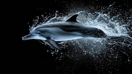 Wall Mural - A cute dolphin leaps amid splashes on a black backdrop. Ai Generated.