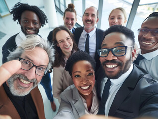 Wall Mural - Multicultural happy people taking group selfie portrait in the office, diverse people celebrating together, Happy lifestyle and teamwork concept